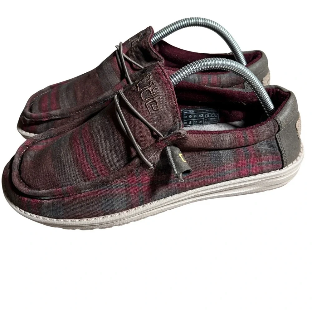 Hey Dude Mens 9 Wally Funk Wool Collection Plaid Burgundy Grey Loafers Casual